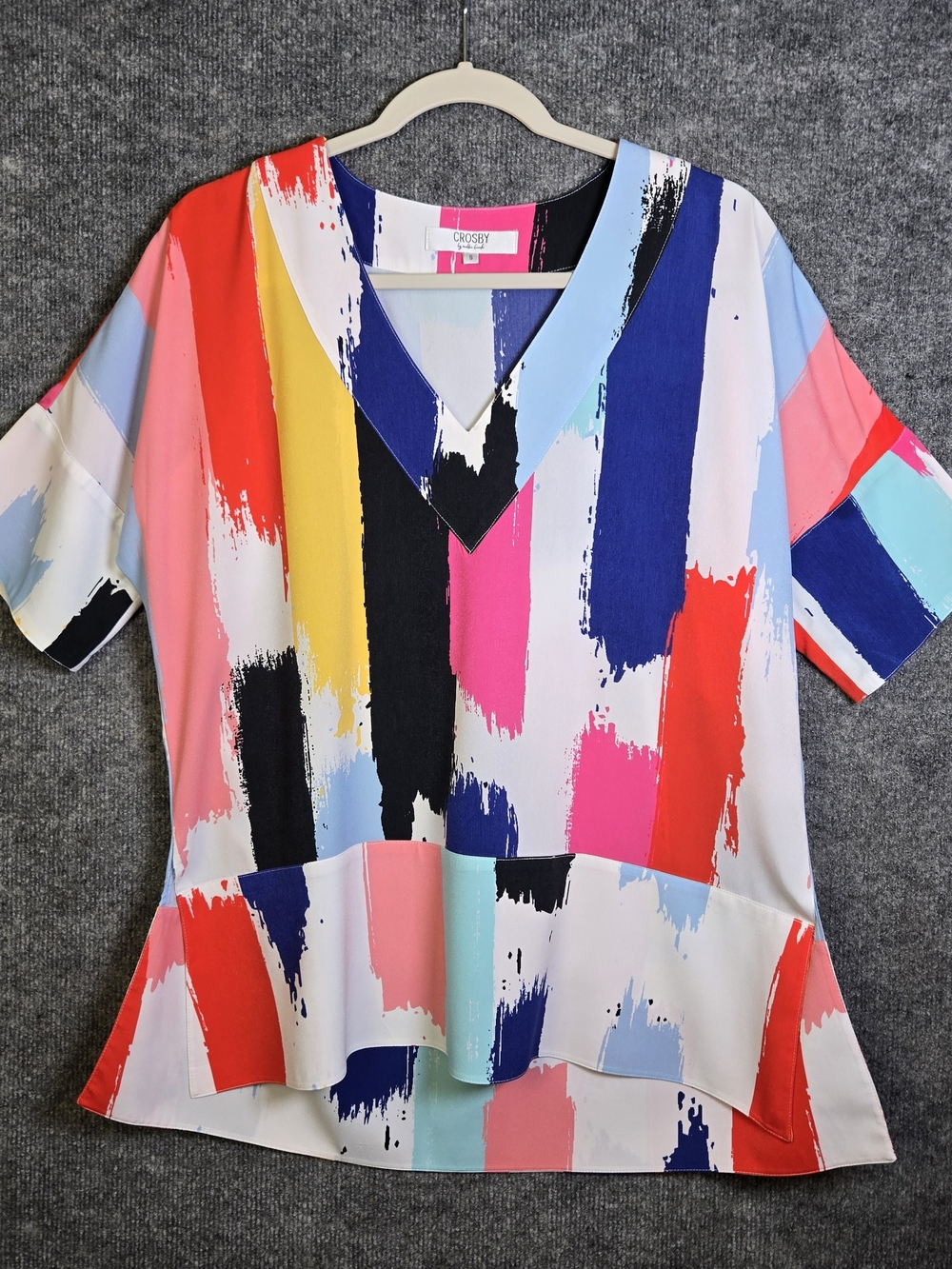 Crosby Mollie Burch Top Womens S Pink Blue Surf Shack Abstract Chiffon Peplum